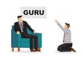 Businessman worshipping a business guru to become his mentor. Business metaphor.