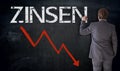 Businessman writes Zinsen in german interest on blackboard con