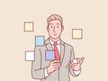 businessman writing assignments creative ideas on sticky notes simple korean style illustration Royalty Free Stock Photo
