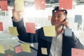 Businessman writing on sticky notes on glass wall while working in modern office Royalty Free Stock Photo