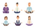 Businessman yoga. Man and woman relaxing meditation at workspace table vector concept cartoon illustration