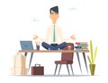 Businessman yoga meditation. Office relax in stressed work busy man sitting in lotus yoga practice at workspace vector