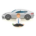 Businessman yoga meditation with pack of dollars in hand and expensive car behind. Office relax in stressed work busy