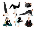 Businessman yoga. Suit meditation and zen relax business man poses, office exercising positions for human health