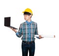 Businessman young hold Laptop computer and rolled blueprints wear yellow safety helmet plastic on white background construction