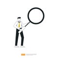 businessman or young man worker character pose with magnifying glass on hand gesture in flat style isolated vector illustration