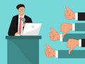 Businessmans feedback vector illustration. Man speaks from rostrum, many peoples hands show like and dislike. Business Royalty Free Stock Photo