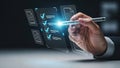 Businessman checking digital checklist on virtual screen with pen Royalty Free Stock Photo