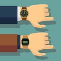 Businessmans hand with wrist watch. Save time, punctuality vector concept Royalty Free Stock Photo