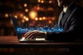 Businessmans hands over his laptop and virtual light graphics. AI-Generated