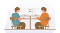 Businessmans sitting on office chair at a desk. They looking at the monitor and typing on keyboard. Color vector cartoon