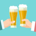 Businessmen beer toast vector illustration. Beery foam cheers celebration. Businessmens hands holding glass mugs of Royalty Free Stock Photo