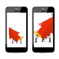 Businessmen with Big Red Arrow on Smart Phone Royalty Free Stock Photo