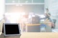 Businessmen blur in the workplace or work space of laptop on table in office room with computer or shallow depth of focus of Royalty Free Stock Photo