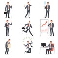 Businessmen characters, people in business suits in different situations vector illustration