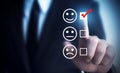 Businessmen choose to rating score happy icons. Customer service experience and business satisfaction survey concept