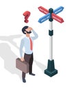 Businessmen choosing destination. Direction arrows pathway man looking on signboards vector isometric concept Royalty Free Stock Photo