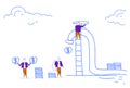 Businessmen climbing ladder unscrew cash crane dollar coins wealth growth concept horizontal sketch doodle