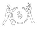 Businessmen with coin, profit and money, finance and banking isolated outline drawing
