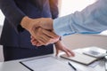 Businessmen congratulating and handshake after consulting and planning new projects for the company. Concept handshake, congratula Royalty Free Stock Photo