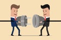 Businessmen connecting hold plug and outlet in hands. Cooperation interaction. Partnership. Business connection concept. Vector il Royalty Free Stock Photo