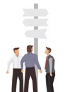 Businessmen with direction sign post with different destinations