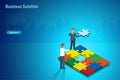 Businessmen discussing and brainstroming onassembler jigsaw puzzle missing piece. Business strategy solution, success teamwork and Royalty Free Stock Photo