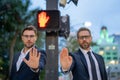 Businessmen doing stop sing with hand. Warning expression with negative and serious gesture. Stop hand gesture Royalty Free Stock Photo