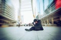 Businessmen failing and serious sit with black bag