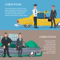 Businessmen get to work by car or taxi. Cartoon poster vector