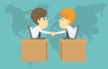 Businessmen handshaking from online computer on world map.Cartoon of business success is the concept of the man characters Royalty Free Stock Photo