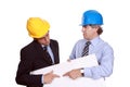 Businessmen with hardhats and blank cardboard Royalty Free Stock Photo