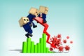 Businessmen are helping to pull the red arrow upward. Represents a slump in the economy because of COVID-19. Royalty Free Stock Photo