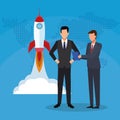 Businessmen launching rocket success start up business