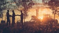 Businessmen lead a farm meeting with tractors and tree gardens.