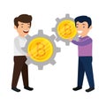 businessmen lifting bitcoin icon vector illustrator