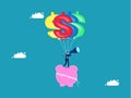 Businessmen look for investments with high returns. Piggy bank floating with money balloons