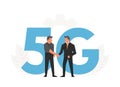 Businessmen make a contract before big letters 5G. Fifth generation network wireless, internet technology