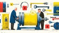 Businessmen Operates Large Machine with Keys and Locks Symbols Representing Security and Solutions Royalty Free Stock Photo