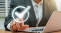 Businessmen point to tick correct sign mark in checkbox for approve quality document and project control. Excellence in document