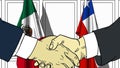 Businessmen or politicians shake hands against flags of Mexico and Chile. Official meeting or cooperation related