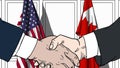 Businessmen or politicians shaking hands against flags of USA and Canada. Meeting or cooperation related cartoon Royalty Free Stock Photo