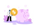 Businessmen putting a big cooin into the piggy bank. Income and savings concept. Flat vector illustration. Isolated on Royalty Free Stock Photo