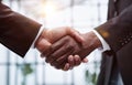 Businessmen reach out to each other to shake hands