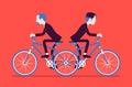 Businessmen riding push me pull you tandem bicycle