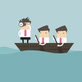 Businessmen in rowing boat two rowers one captain manager boss leader.