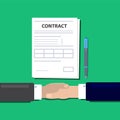 Businessmen`s handshake concept of agreement to sign a contract. Trendy flat design with shadow, top view. Illsutration