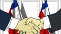 Businessmen or politicians shake hands against flags of Chile. Official meeting or cooperation related cartoon