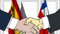 Businessmen or politicians shake hands against flags of Spain and Chile. Official meeting or cooperation related cartoon