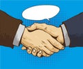 Businessmen shake hands vector illustration in retro pop art style. Partnership handshake concept poster in comic design